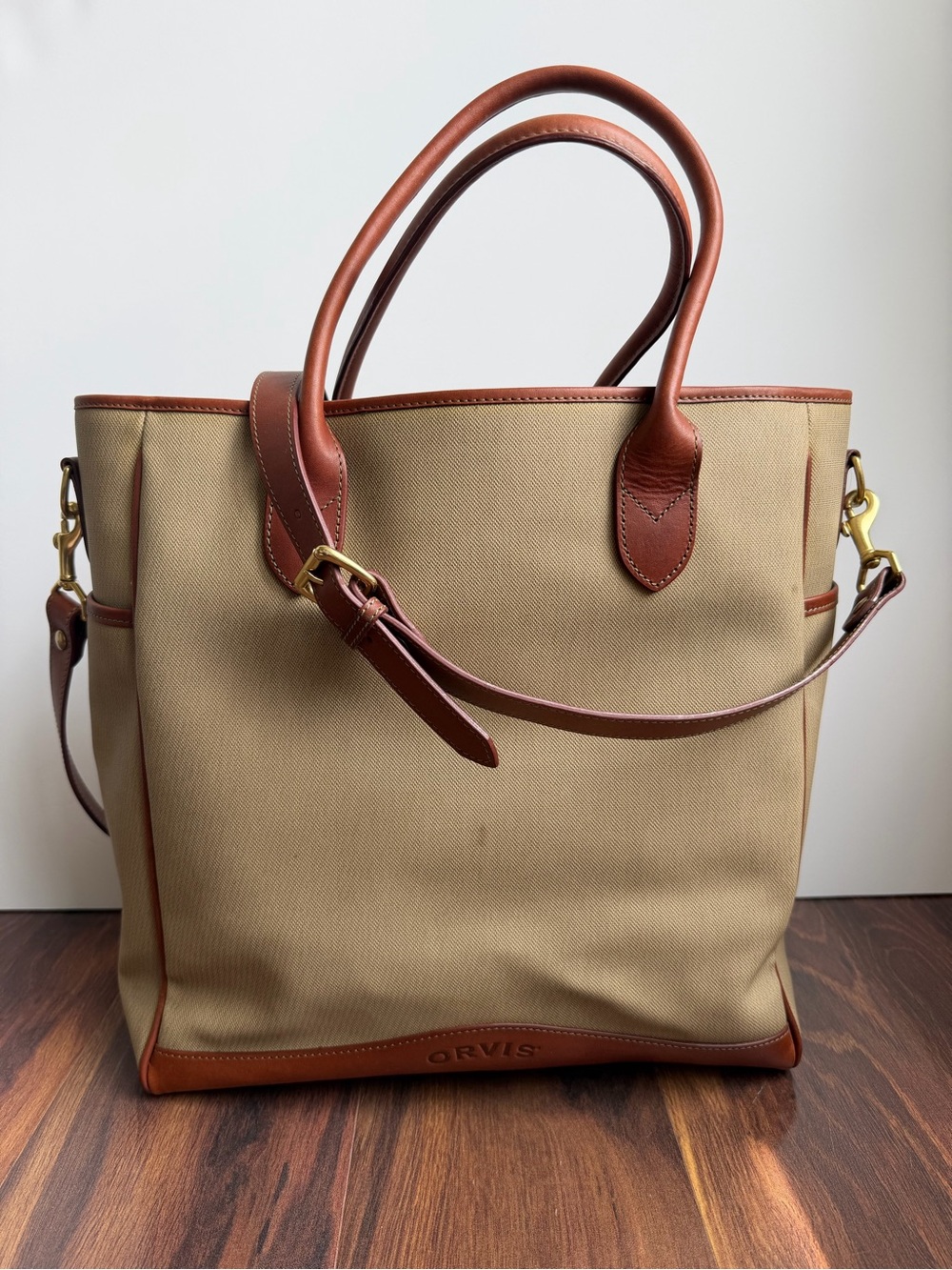 Orvis Herringbone Travel Tote Leather and Canvas Adjustable Strap Large Handles
